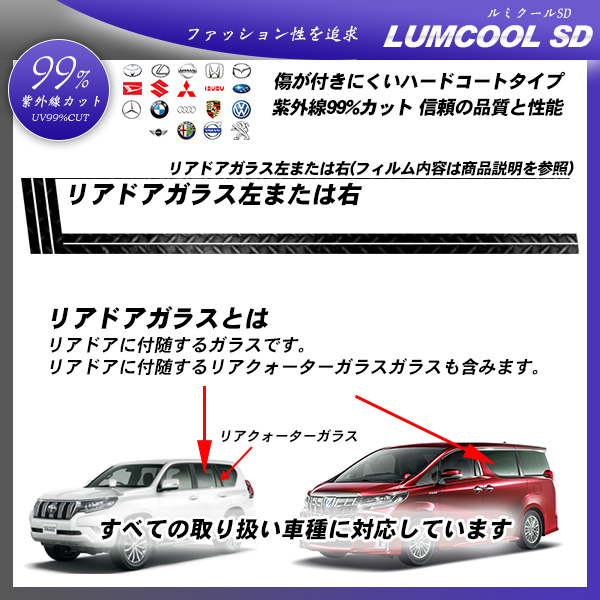 リアドアガラス左または右 全車種対応 ルミクールSD 部位別単品 カーフィルム カット済み UVカット スモークの詳細を見る リアドアガラス左または右 全車種対応 ルミクールSD 部位別単品 カーフィルム カット済み UVカット スモークの詳細を見る