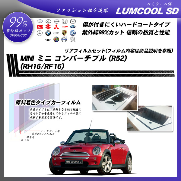 ミニ MINI ミニ コンバーチブル (R52) (RH16/RF16) ルミクールSD カーフィルム カット済み UVカット リアセット スモークの詳細を見る ミニ MINI ミニ コンバーチブル (R52) (RH16/RF16) ルミクールSD カーフィルム カット済み UVカット リアセット スモークの詳細を見る
