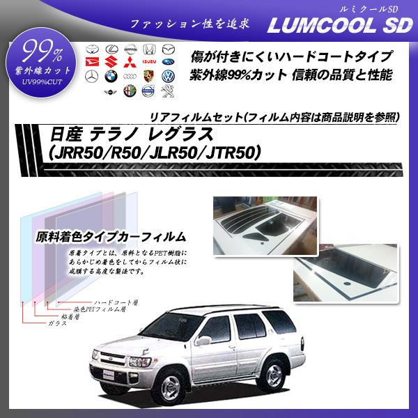 日産 テラノ レグラス (JRR50/R50/JLR50/JTR50) ルミクールSD カーフィルム カット済み UVカット リアセット スモークの詳細を見る 日産 テラノ レグラス (JRR50/R50/JLR50/JTR50) ルミクールSD カーフィルム カット済み UVカット リアセット スモークの詳細を見る