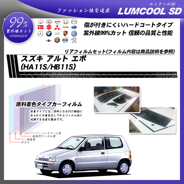 スズキ アルト エポ (HA11S/HB11S) ルミクールSD カーフィルム カット済み UVカット リアセット スモークの詳細を見る スズキ アルト エポ (HA11S/HB11S) ルミクールSD カーフィルム カット済み UVカット リアセット スモークの詳細を見る